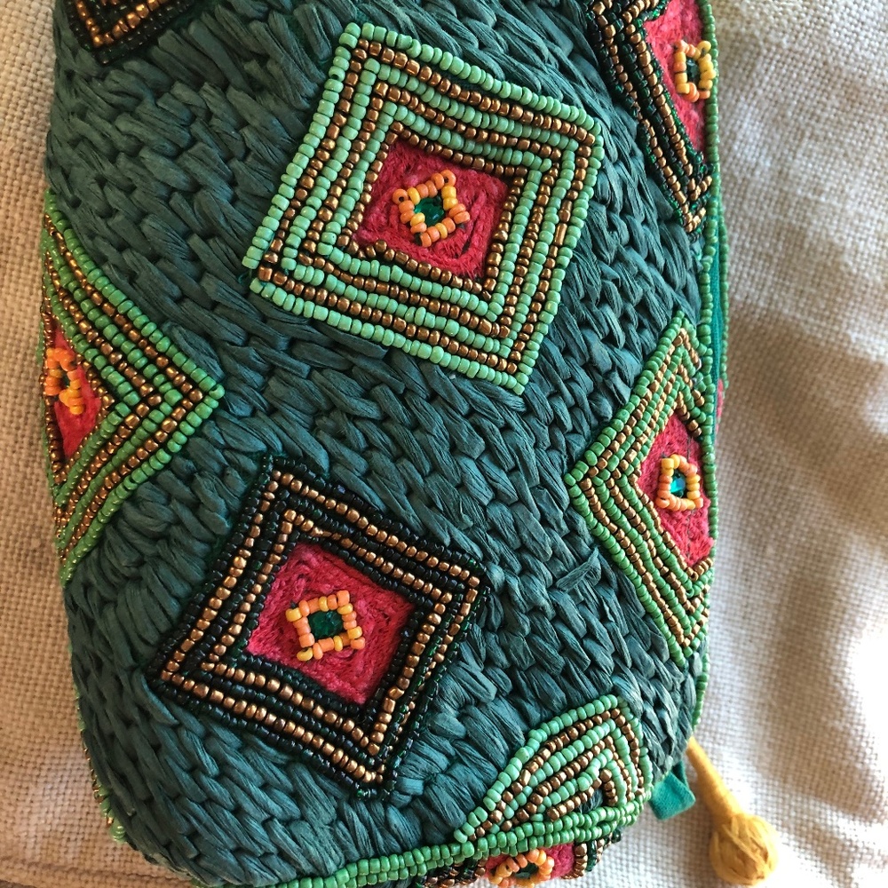 Anthropologie embroidered raffia makeup bag